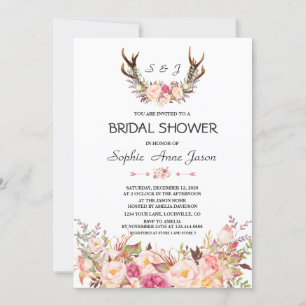 Charm Pink Blush Floral Antlers Bridal Shower Invitation