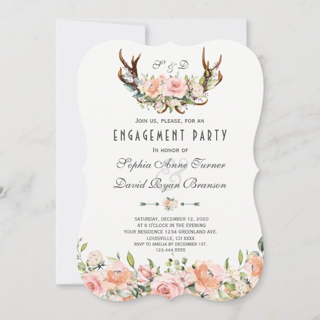 Charm Pink Blush Floral Antlers Engagement Party Invitation (Front)