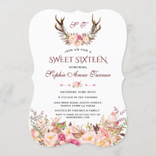 Charm Pink Blush Floral Antlers Monogram Sweet 16 Invitation