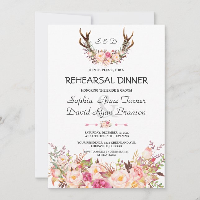 Charm Pink Blush Floral Antlers Rehearsal Dinner Invitation (Front)