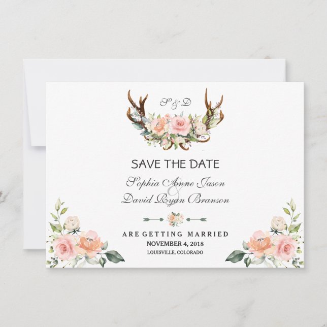 Charm Pink Blush Floral Antlers Save The Date (Front)