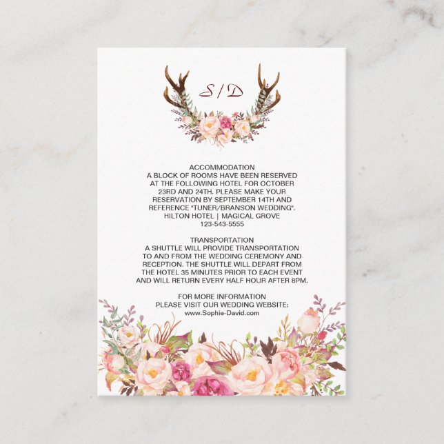 Charm Pink Blush Floral Antlers Wedding Details Enclosure Card (Front)
