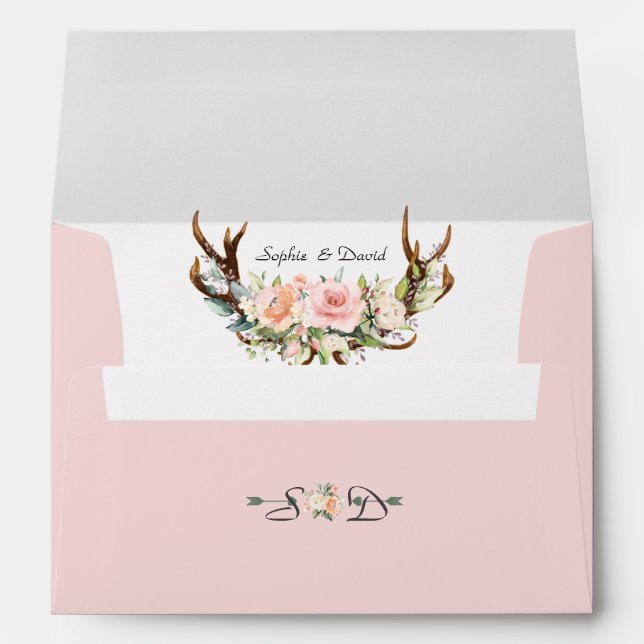 Charm Pink Blush Floral Antlers Wedding Envelope (Back (Bottom))