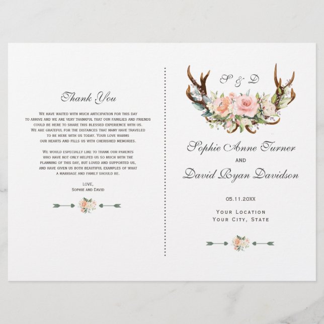 Charm Pink Blush Floral Antlers Wedding Program (Front)