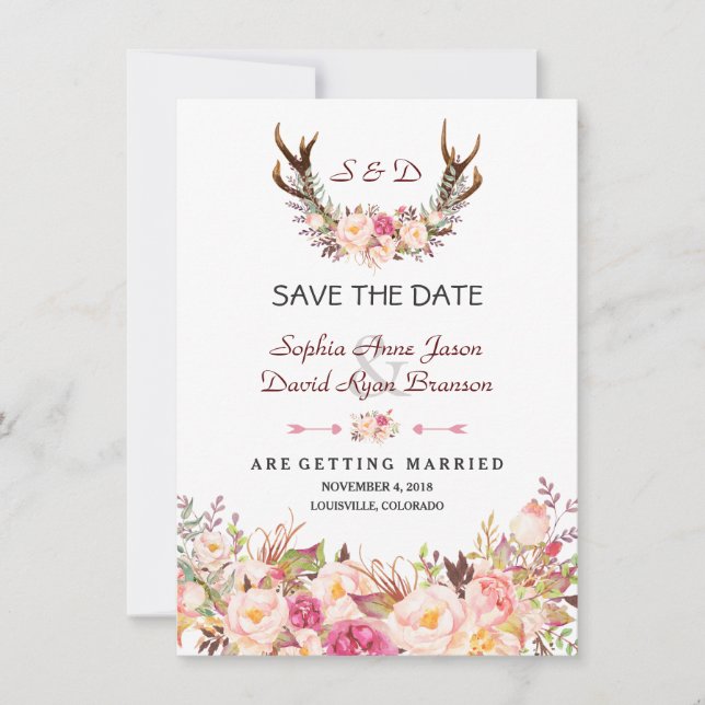 Charm Pink Blush Floral Antlers Wedding Save The Date (Front)