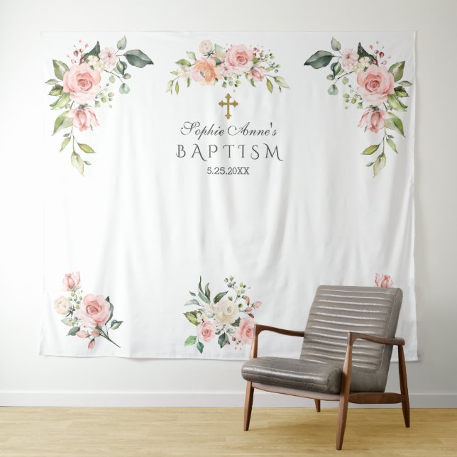Charm Pink Blush Floral Baptism Photo Prop  Tapestry (In Situ (Horizontal))