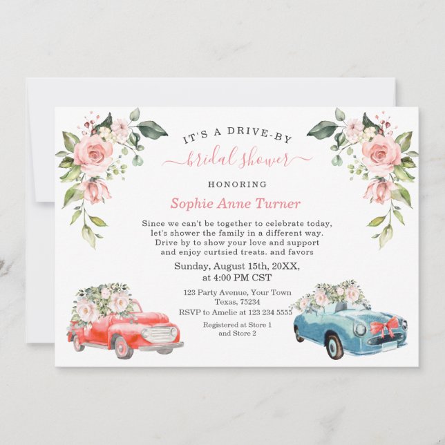 Charm Pink Blush Floral Bridal Shower Drive By Invitation (Front)