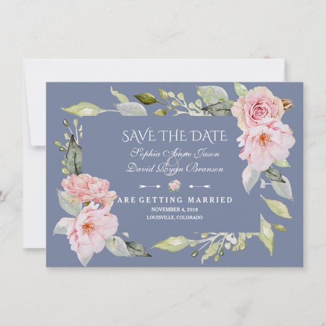 Charm Pink Blush Floral Dusty Blue Save The Date (Front)