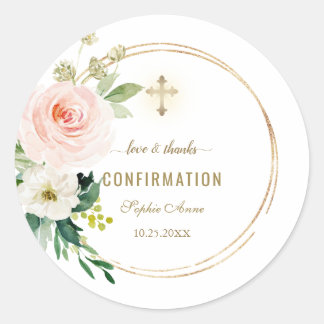 Charm Pink Blush Floral Gold Cross Confirmation Classic Round Sticker