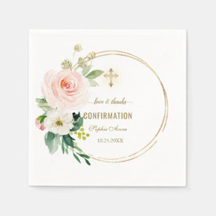 Charm Pink Blush Floral Gold Cross Confirmation Napkin