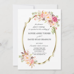 Charm Pink Blush Floral Gold Frame Wedding Invitation