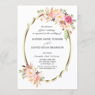 Charm Pink Blush Floral Gold Frame Wedding Invitation