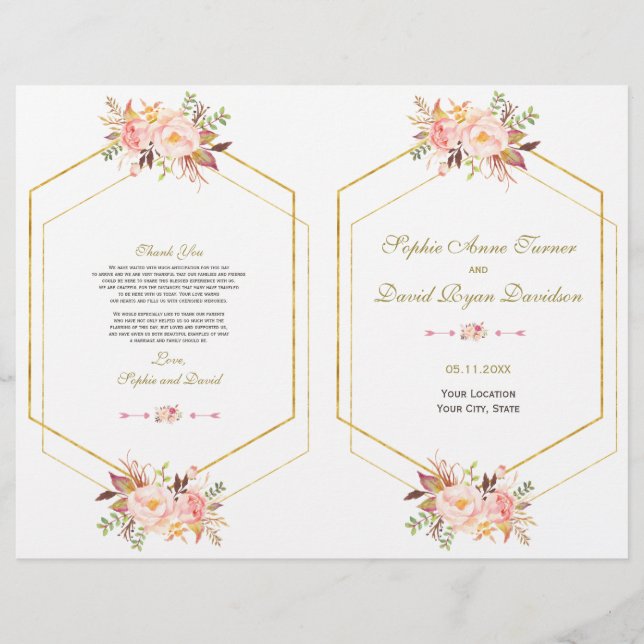 Charm Pink Blush Floral Gold Frame Wedding Program Flyer (Front)