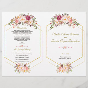 Charm Pink Blush Floral Gold Frame Wedding Program Flyer