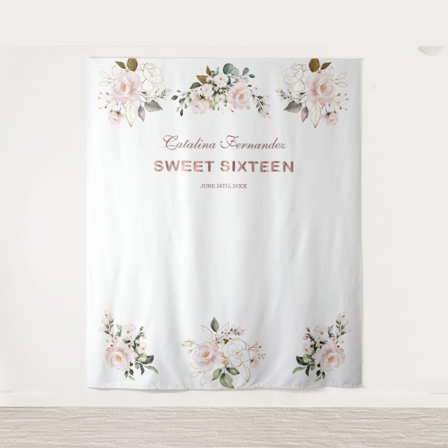 Charm Pink Blush Floral Rose Gold SWEET 16 Prop Tapestry (Front)