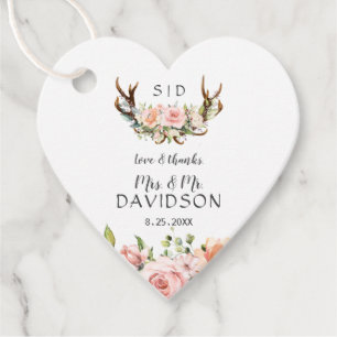 Charm Pink Blush Flowers Antlers Monogram Wedding Favour Tags