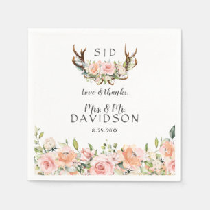Charm Pink Blush Flowers Antlers Monogram Wedding Napkin