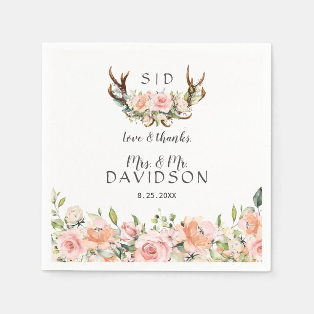 Charm Pink Blush Flowers Antlers Monogram Wedding Napkin (Front)