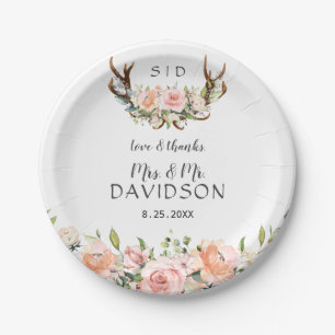Charm Pink Blush Flowers Antlers Monogram Wedding Paper Plate