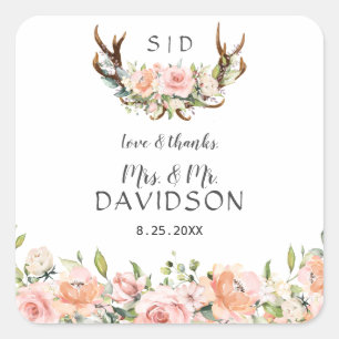 Charm Pink Blush Flowers Antlers Monogram Wedding Square Sticker