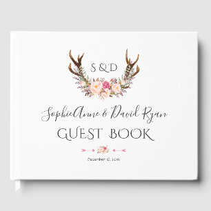 Charm Pink Blush Flowers Antlers Wedding Guest Book