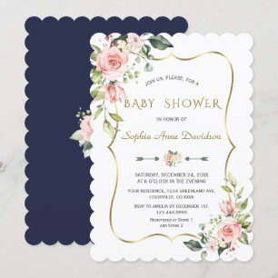 Charm Pink Blush Flowers Gold Frame Baby Shower Invitation