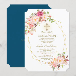Charm Pink Blush Flowers Gold Frame Holy Communion Invitation