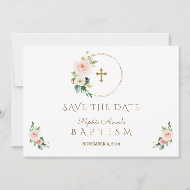 Charm Pink Blush Flowers Gold Girl Baptism Save The Date (Front)
