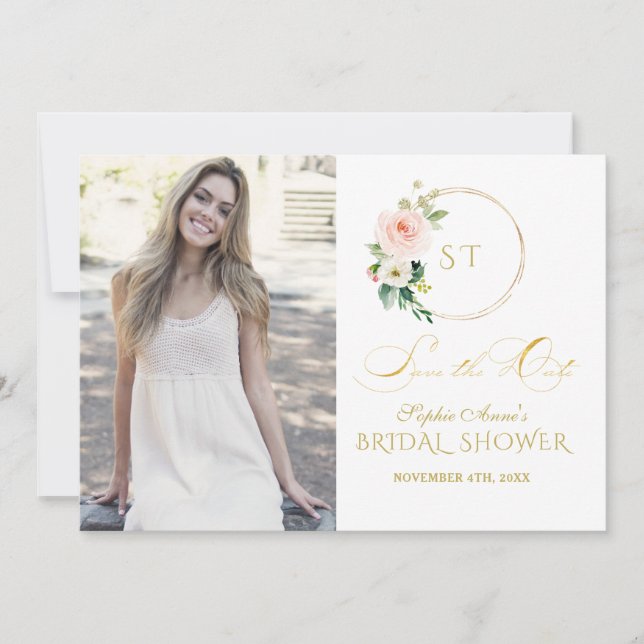 Charm Pink Blush Flowers Gold Save The Date (Front)