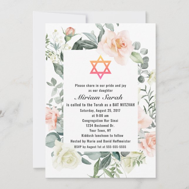 Charm Pink Blush Flowers Star of David Bat Mitzvah Invitation (Front)