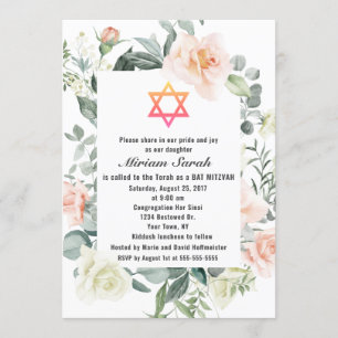 Charm Pink Blush Flowers Star of David Bat Mitzvah Invitation
