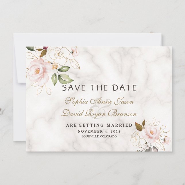Charm Pink Blush Gold Floral Marble Wedding Save The Date (Front)