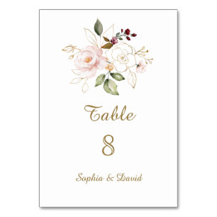 Charm Pink Blush Gold Floral Table Number