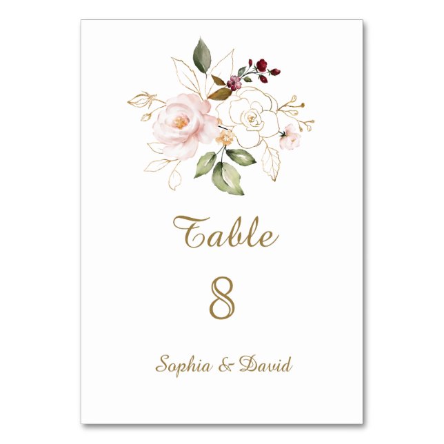 Charm Pink Blush  Gold Floral Table Number (Front)