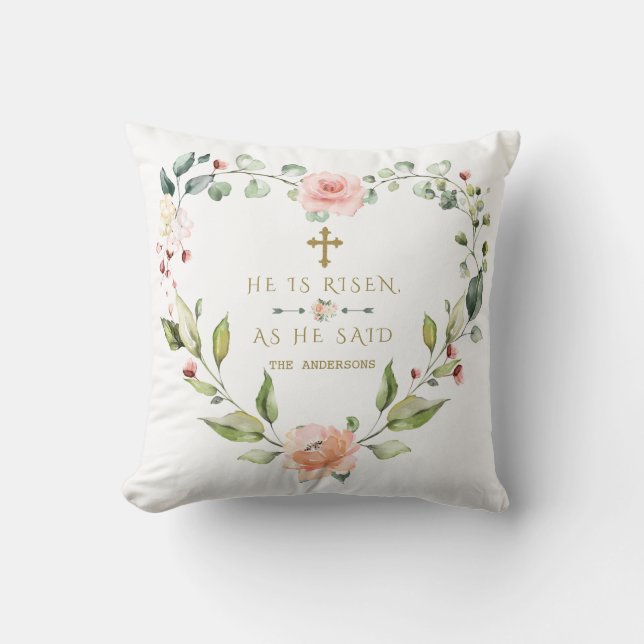 Charm Pink Blush Heart Floral He Is Risen Easter Cushion (Front)