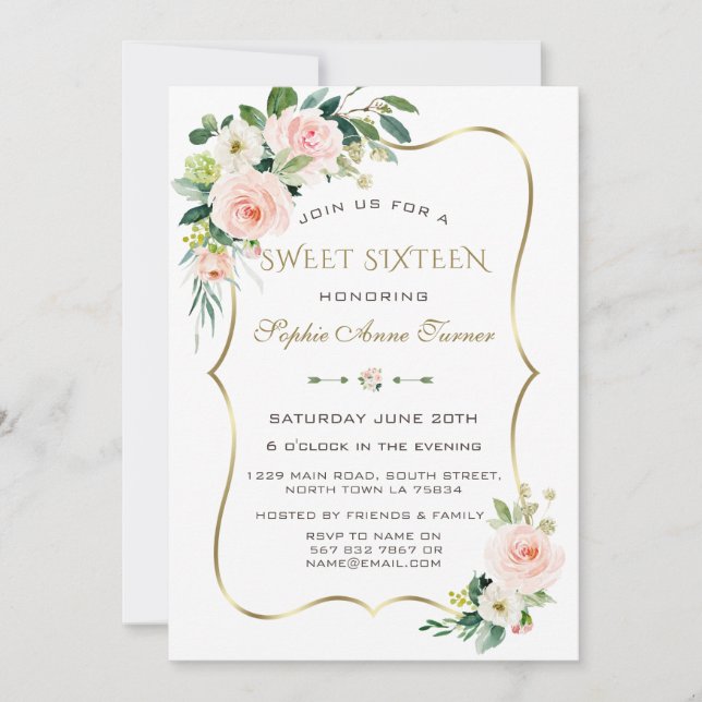 Charm Pink Blush Ivory Floral Gold Frame Sweet 16 Invitation (Front)