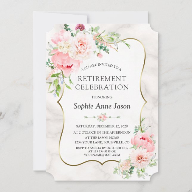 Charm Pink Blush Peonies Gold Retirement Party Invitation (Front)