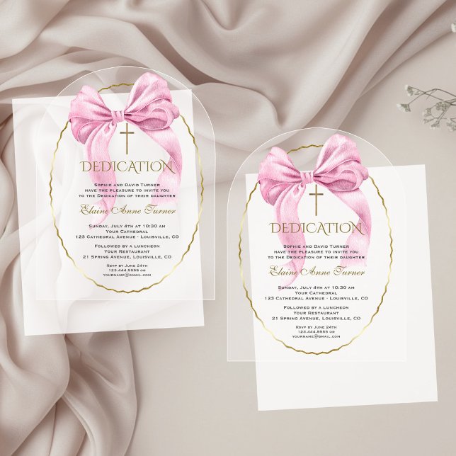 Charm Pink Bow Gold Girl Dedication Transparent Acrylic Invitations (Creator Uploaded)