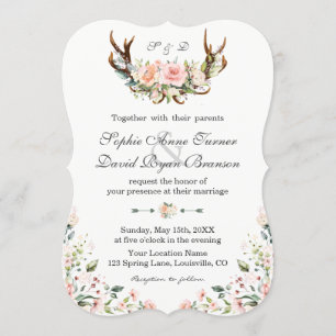 Charm Pink Cream Floral Antlers Wedding Invitation