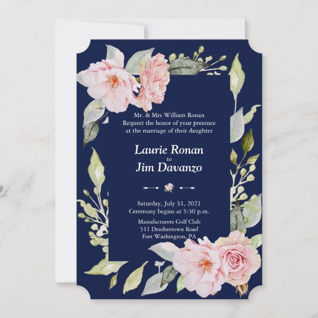 Charm Pink Floral Bloom Navy Blue Wedding Formal Invitation (Front)