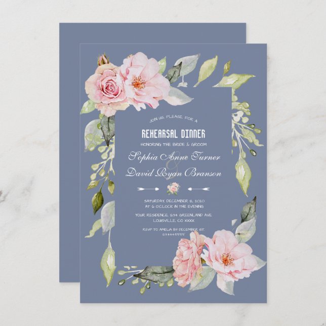Charm Pink Floral Dusty Blue  Rehearsal Dinner Invitation (Front/Back)