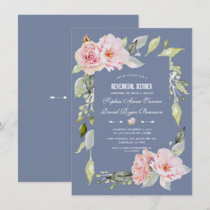 Charm Pink Floral Dusty Blue  Rehearsal Dinner Invitation