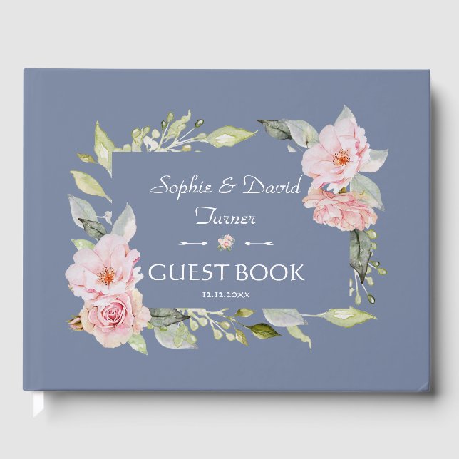 Charm Pink Floral Dusty Blue Wedding Guest Book (Front)
