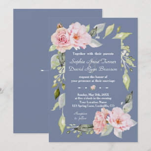 Charm Pink Floral Dusty Blue Wedding Invitation