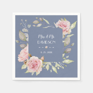 Charm Pink Floral Dusty Blue Wedding Napkin