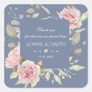 Charm Pink Floral Dusty Blue Wedding Square Sticker