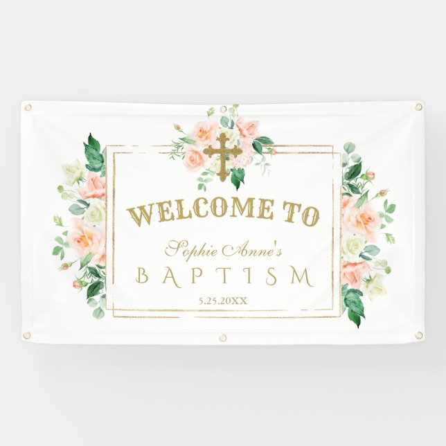 Charm Pink Flowers Gold Baptism Welcome Sign (Horizontal)