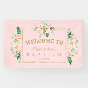 Charm Pink Flowers Gold Baptism Welcome Sign