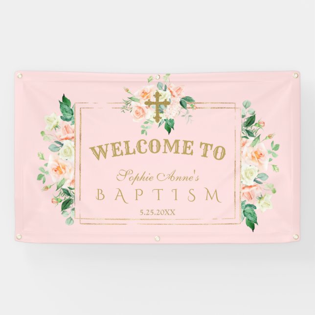 Charm Pink Flowers Gold Baptism Welcome Sign (Horizontal)