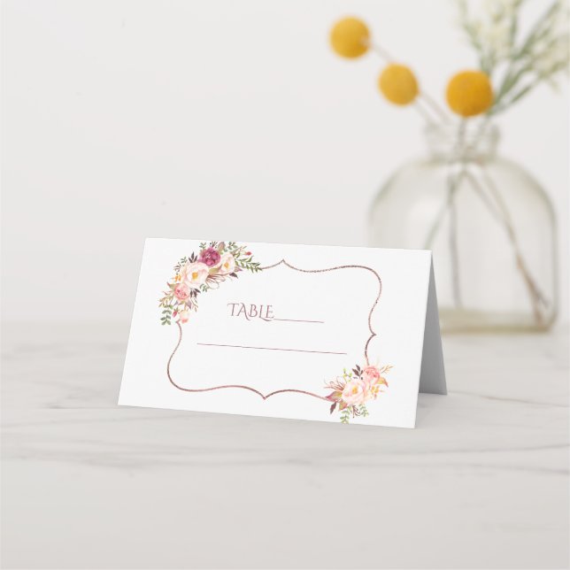Charm Pink Flowers Rose Gold Baptism Table Number  Place Card (Front)